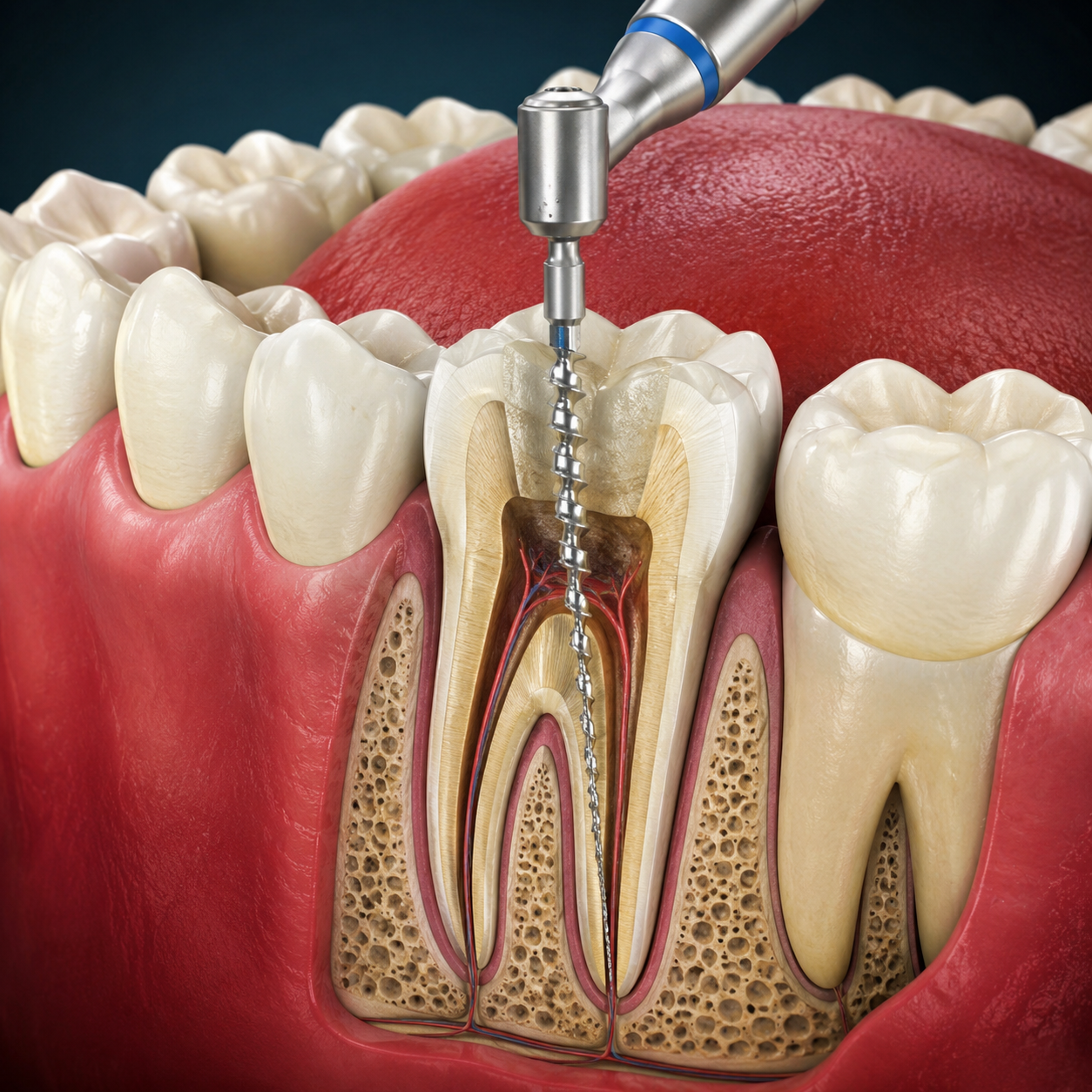 Root canal treatment illustration showing tooth and roots